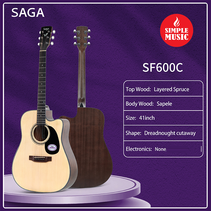 SAGA SF600C 41 Dreadnaught Cutaway Acoustic Guitar - Natural